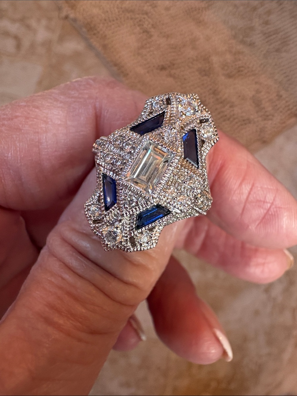 Size 6 Xavier Art Deco Sterling Silver Cocktail Ring with Blue & White CZs